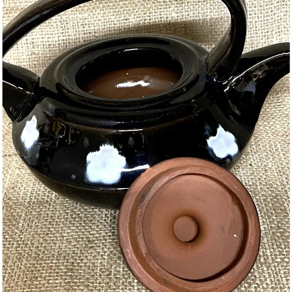 Vintage Black Glazed Squat Red Clay Teapot Set Hand Made